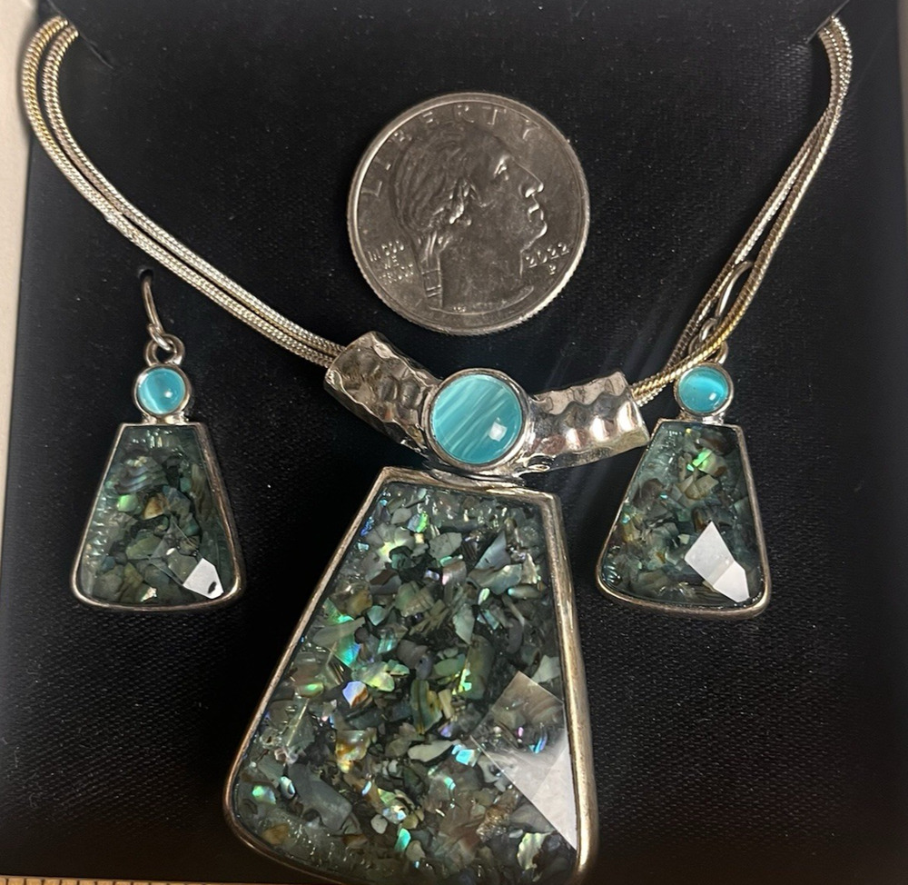 Faux Abalone Mosaic Turquoise Necklace Earring Set Silver Tone Western Costume